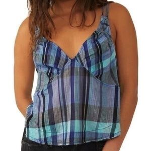 We The Free Blue and Black Plaid Camisole Cotton Gauze Size Medium